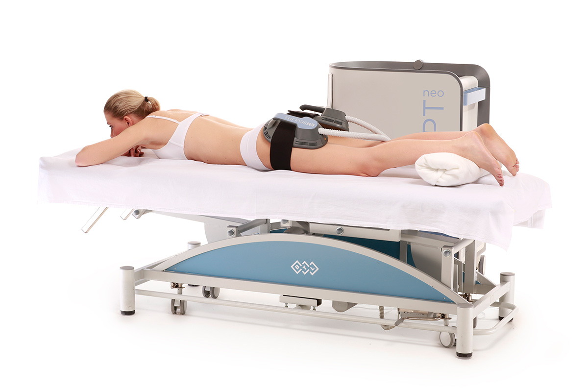 Emsculpt Neo product being used on a female's gluteus maximus from a sideview